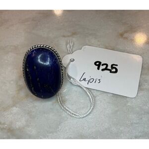 Sterling Silver 925 Lapis Lazuli Statement Ring Oval Rope Edge Band Size 6.25